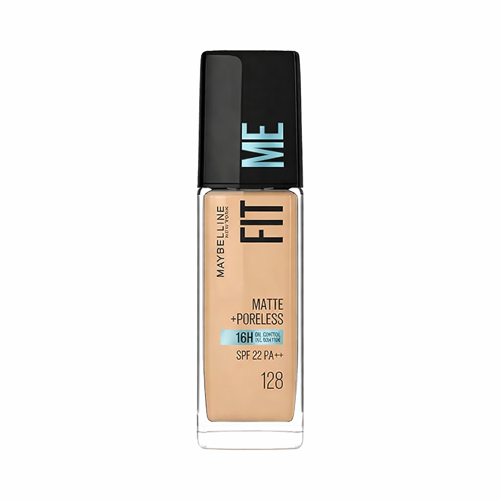 Maybelline New York Liquid Foundation For All Skin Type,Full Matte Finish, With SPF, Absorbs Oil, Fit Me Matte + Poreless, 128 Warm Nude, 30 Ml